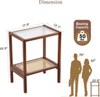 Tiita Rattan Side Table, Mid Century Nightstand, 2-Tier Bamboo Accent Bedside Tables, Glass Coffee Tables, Boho Wooden Narrow End Table with Storage for Small Space, Living Room and Bedroom