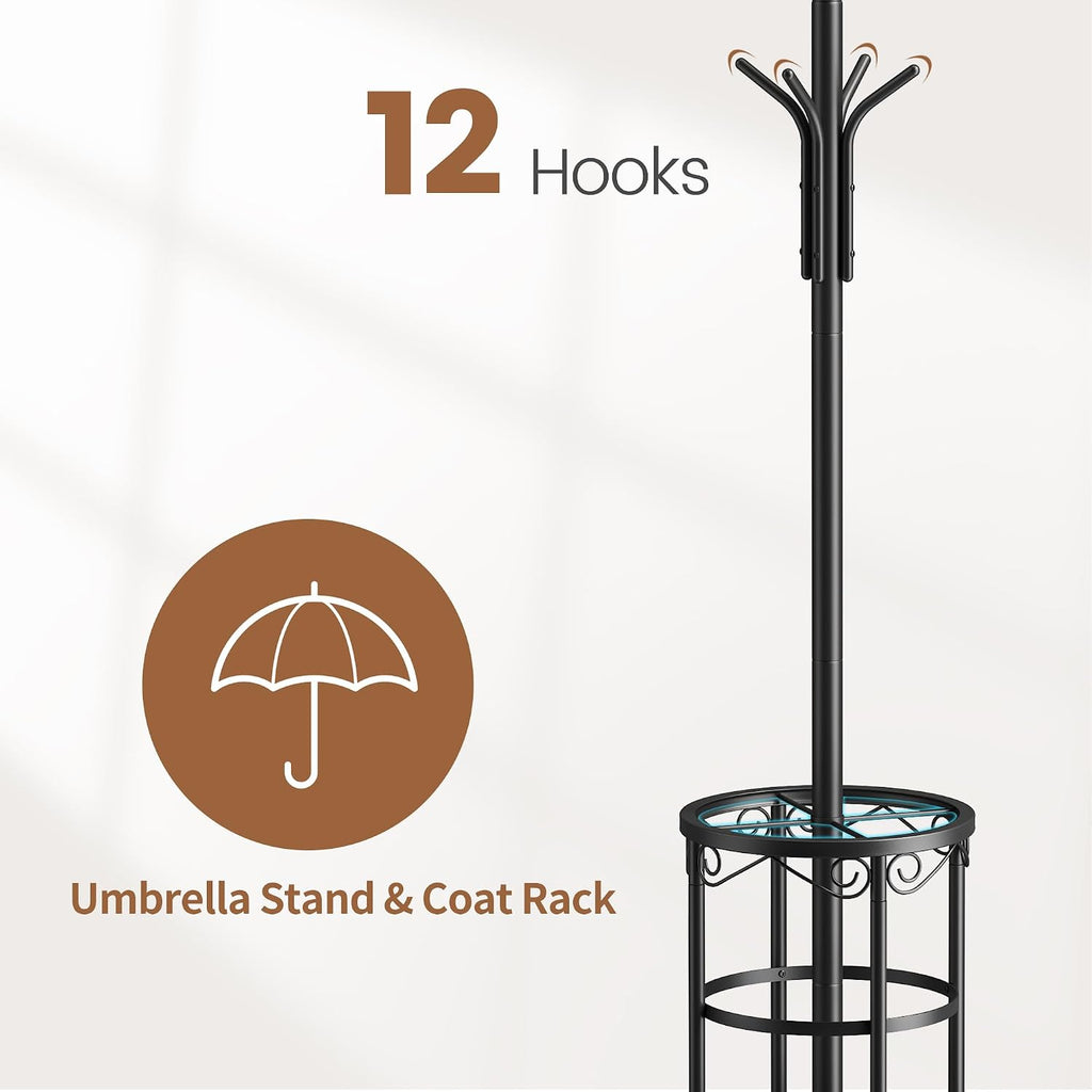 Coat Rack Freestanding with Umbrella Stand Coat Rack Stand with 12 Hooks Metal Coat Tree Coat and Hat Hanger Jacket Entryway(Black)