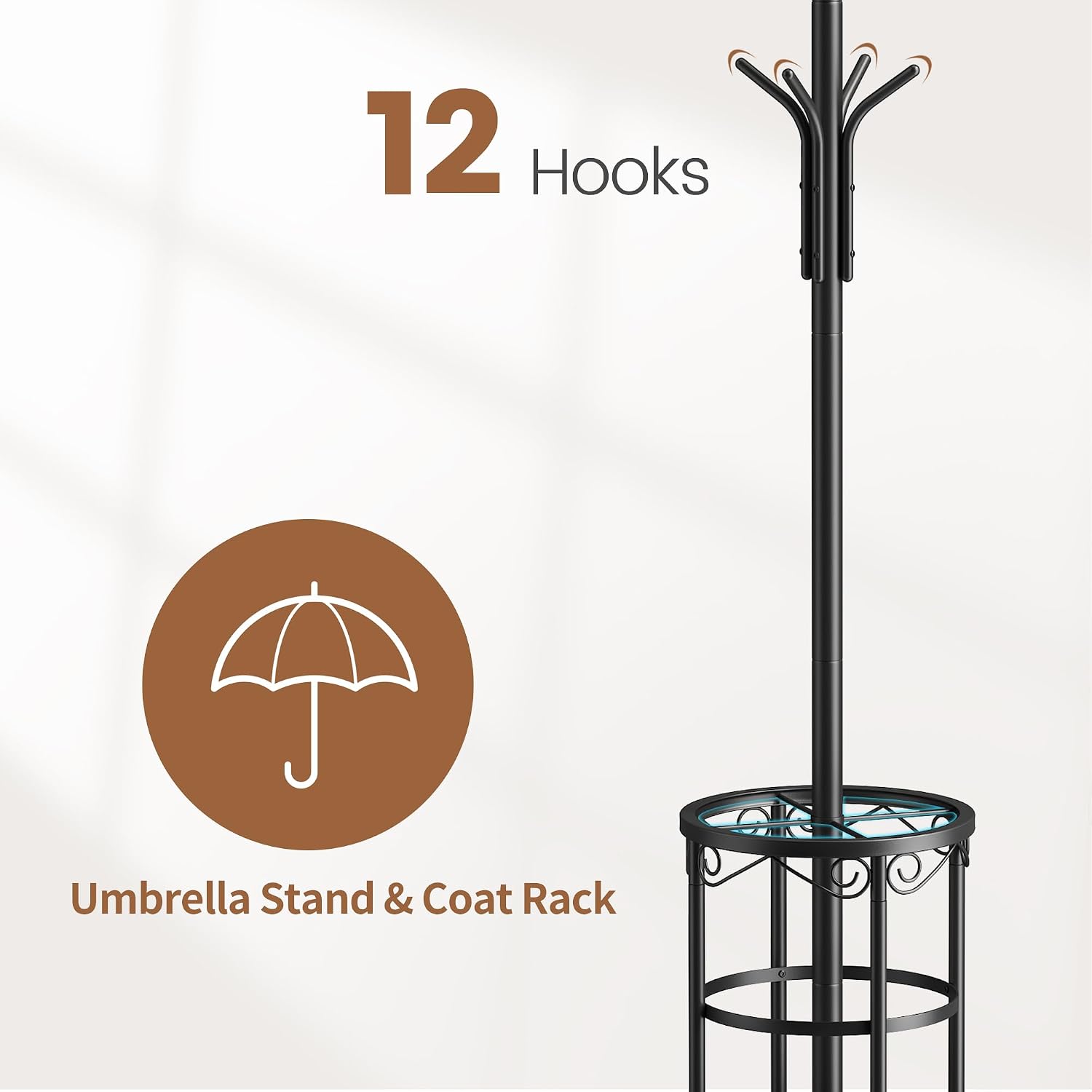 Coat Rack Freestanding with Umbrella Stand Coat Rack Stand with 12 Hooks Metal Coat Tree Coat and Hat Hanger Jacket Entryway(Black)