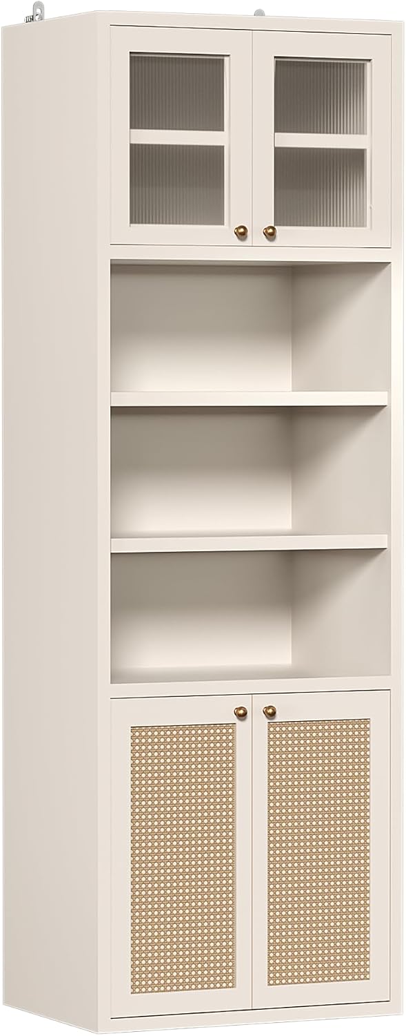 71.3''Tall Kitchen Pantry Cabinet with Oversized Open Shelf & Coffee Station,Tall Extra Deep Enclosed Storage, Fluted Rattan Doors,Adjustable Shelves, Anti-Tip, for Multi-Room Use,White