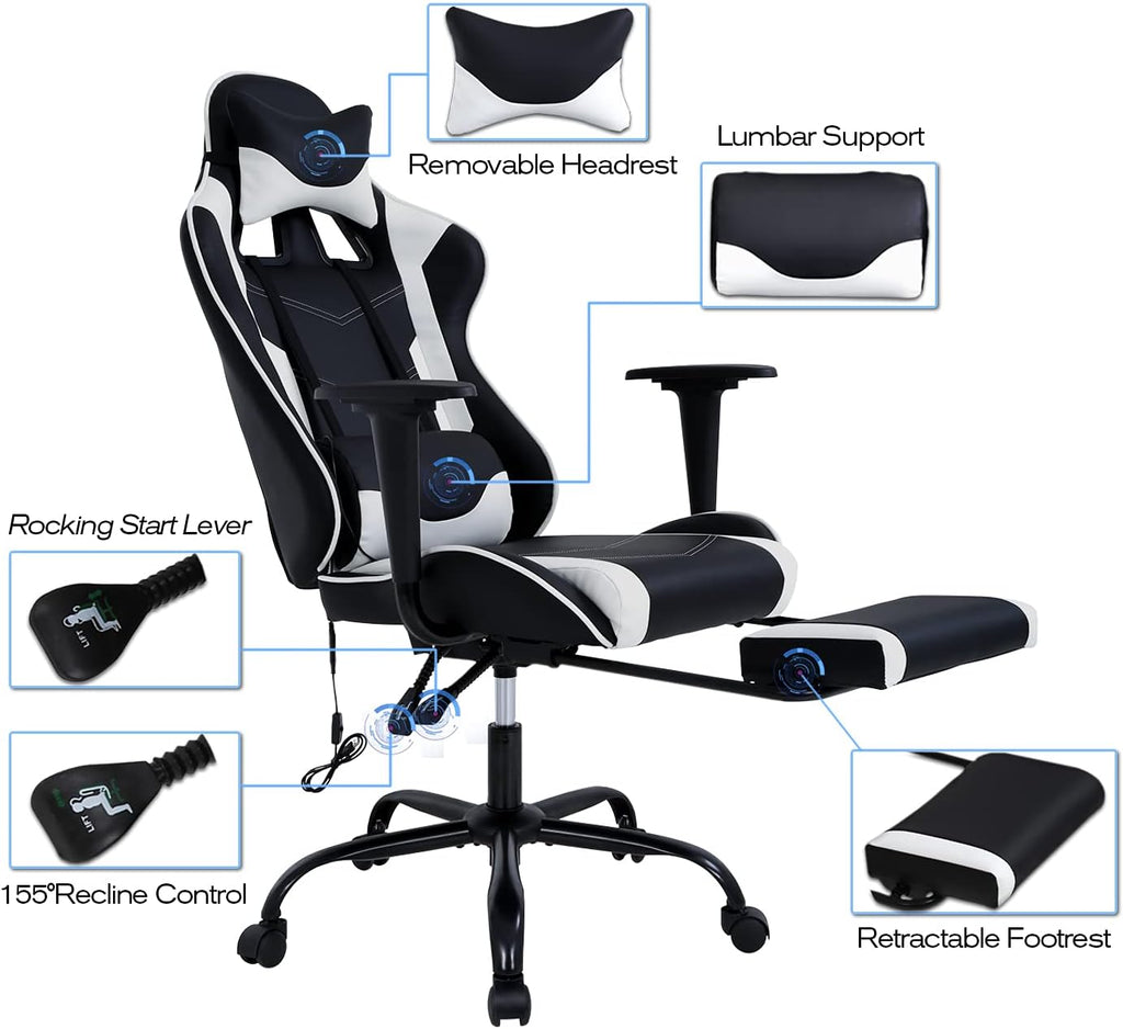 HCB Gaming Chair, Computer Office Chair, Ergonomic Desk Chair Height Adjustable Recliner Swivel High Back with Lumbar Support, Footrest, Headrest, Racing Style （White）