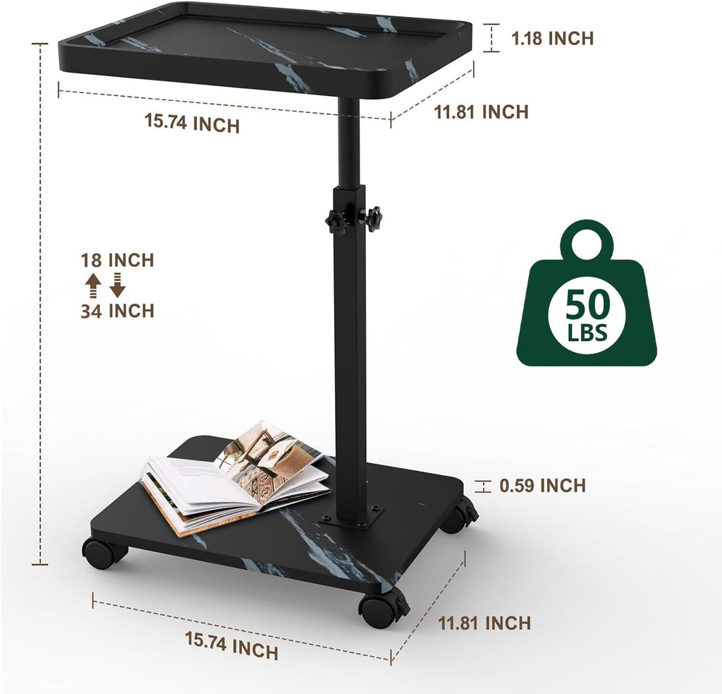 Adjustable C Shaped Side Table, C Table End Table with Wheels for Sofa, 360° Swivel Sofa Table for Livingroom,Bedroom,Study and Small Spaces (Marble Black White)