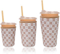 Reusable Insulated Neoprene Iced Coffee Cup Sleeve, Durable Drink Sleeve for Cold Beverages, Beverage Holder for Iced Coffee, Caramel Checkered Bows