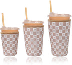 Reusable Insulated Neoprene Iced Coffee Cup Sleeve, Durable Drink Sleeve for Cold Beverages, Beverage Holder for Iced Coffee, Caramel Checkered Bows