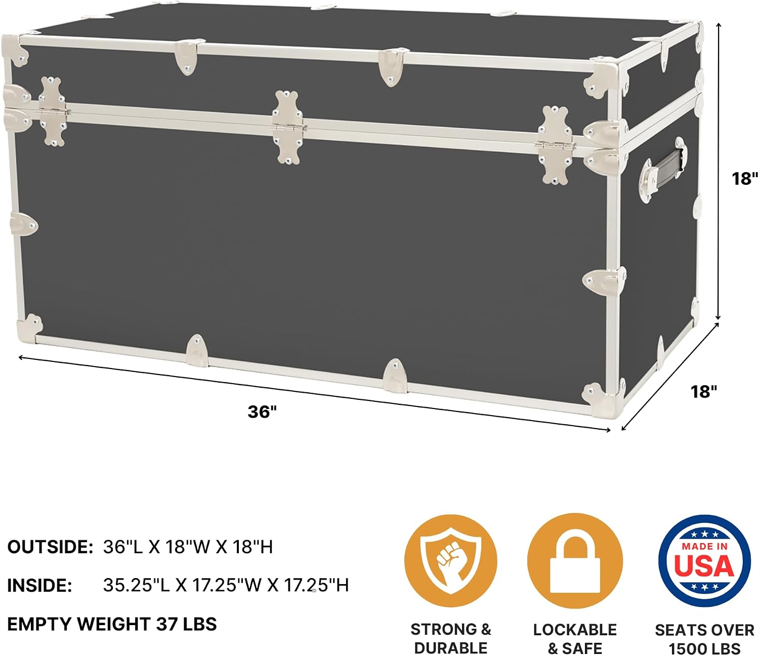 Rhino Trunk & Case Classic XXL Home Storage & College Trunk With Wheels - 36”x18”x18”, Seats 1500+ lbs, Soft-Close Lid. USA Made Secure Dorm Furniture, Organization, Steamer Style Blanket Chest