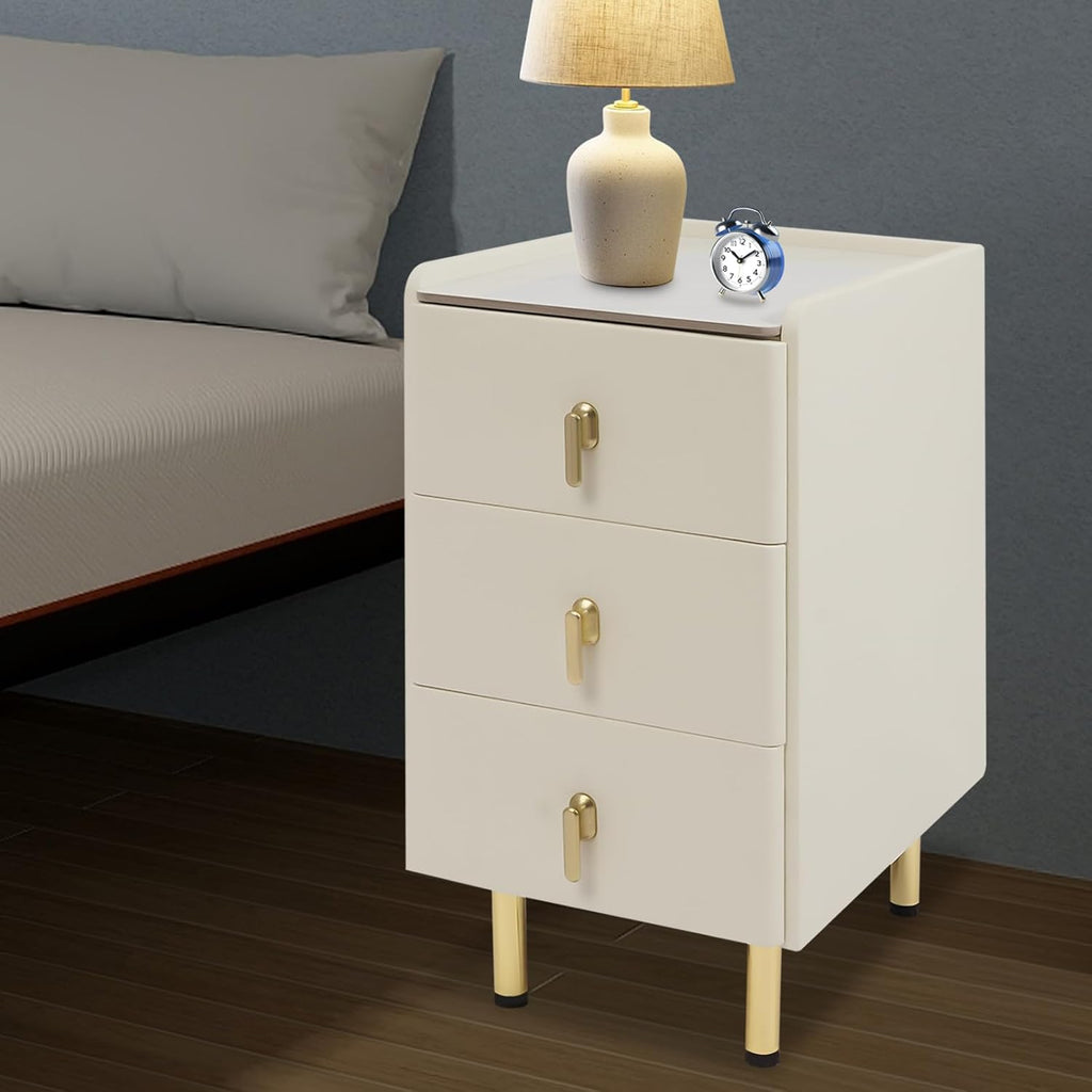 Narrow Nightstand with 3 Drawers, PU Bedside Cabinet, Simple Bedside Table Furniture, End Table with Metal Legs for Bedroom, Living Room (Cream White)