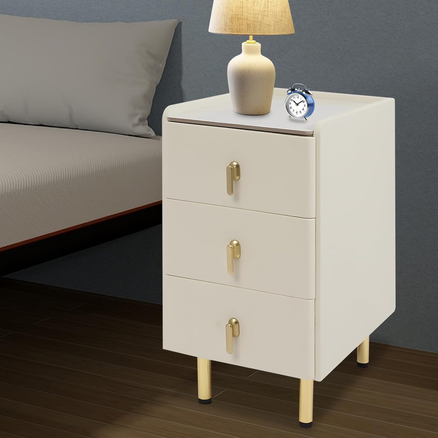Narrow Nightstand with 3 Drawers, PU Bedside Cabinet, Simple Bedside Table Furniture, End Table with Metal Legs for Bedroom, Living Room (Cream White)