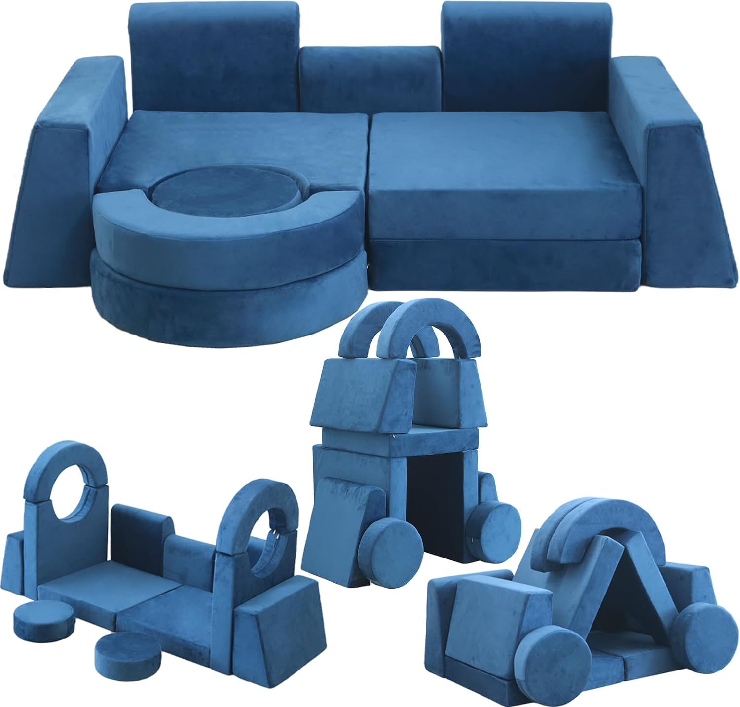 Kids Play Couch 13PCS, Modular Floor Sofa Couch, Playroom Play Cushion Set for Boys and Girls, Convertible Foam Play Couch (Dark Blue)