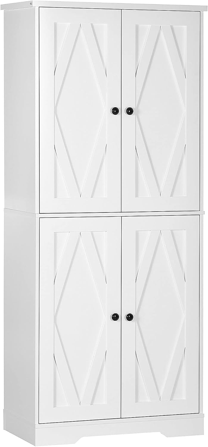 70.75" Farmhouse Kitchen Pantry Cabinet, Freestanding Tall Storage Cabinet with 4 Barn Doors and Adjustable Shelves for Dining Room, White,15.5 * 30 * 70.8