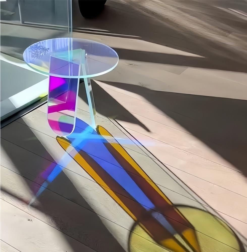 Acrylic Iridescent Side Table Round Clear Coffee End Table Accent Sofa Table for Living Room with Light-Refracting Rainbow Hues Heavy Duty(40 * 40 * 40cm)