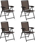 Moccha Set of 4 Patio Folding Chairs, Height Adjustable Sling Backrest Chairs with Armrest, Weather-Resistant Chairs Portable for Outdoor Indoor Garden Pool Beach, Deck Lounge Chairs, Brown