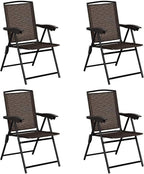Moccha Set of 4 Patio Folding Chairs, Height Adjustable Sling Backrest Chairs with Armrest, Weather-Resistant Chairs Portable for Outdoor Indoor Garden Pool Beach, Deck Lounge Chairs, Brown