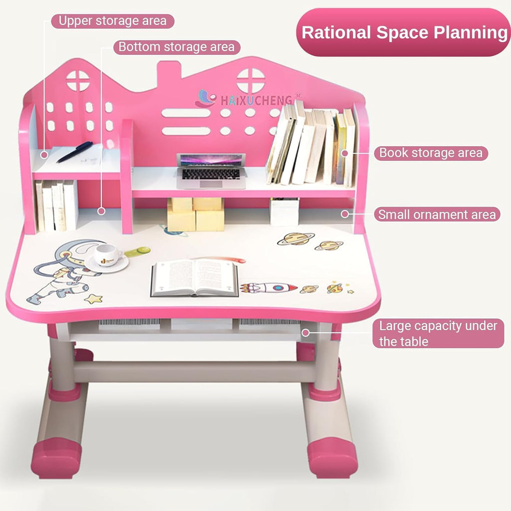 Kids Adjustable Height Desk and Chair Set with Drawer and Storage, Kids Table and Chairs School Study Desk for Kids Pink