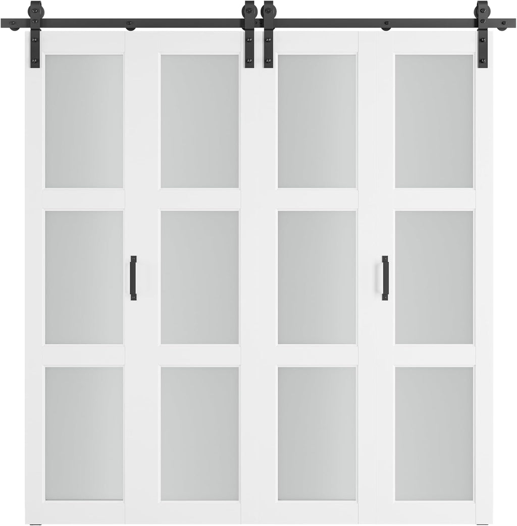 SMARTSTANDARD 64in x 84in Bifold Barn Door, Frosted Glass Barn Door with Hardware Kit Included, Pre-Drilled Holes Easy Assembly -Solid Barn Doors Slab Covered with Water-Proof PVC Surface, White