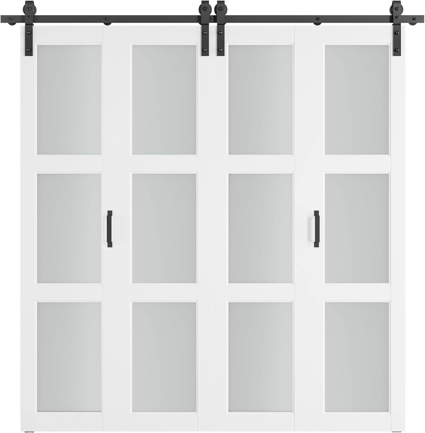 SMARTSTANDARD 64in x 84in Bifold Barn Door, Frosted Glass Barn Door with Hardware Kit Included, Pre-Drilled Holes Easy Assembly -Solid Barn Doors Slab Covered with Water-Proof PVC Surface, White