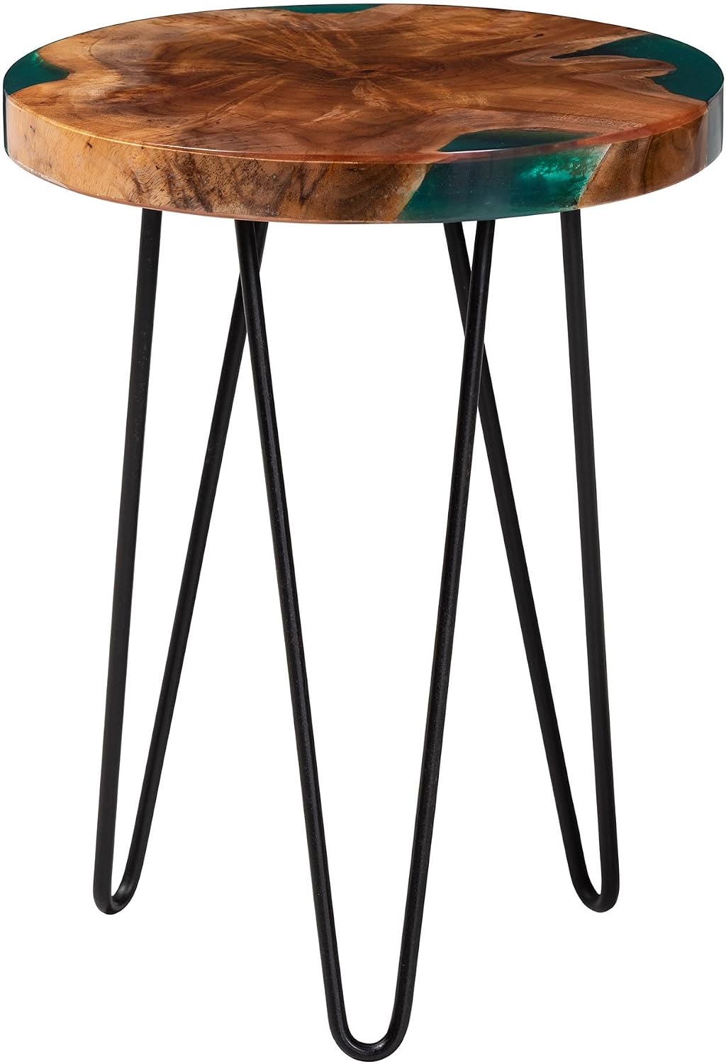 Bali & pari ANAN Teak Wood Epoxy Resin End Table - Round Live Edge Side Table with Black Metal Legs, Handcrafted Modern Rustic Accent Table for Living Room or Bedroom, Round