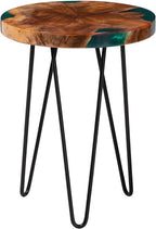 Bali & pari ANAN Teak Wood Epoxy Resin End Table - Round Live Edge Side Table with Black Metal Legs, Handcrafted Modern Rustic Accent Table for Living Room or Bedroom, Round
