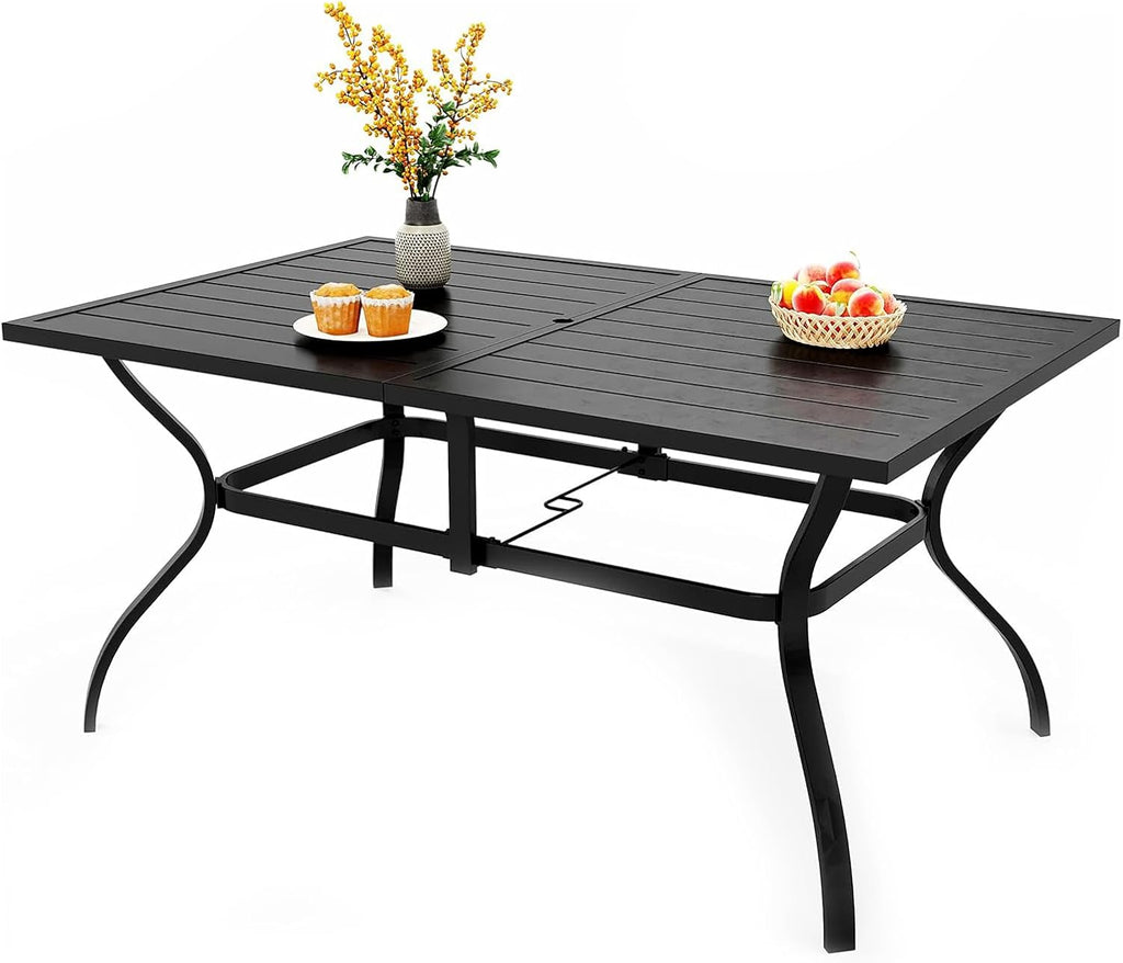 PHI VILLA Outdoor Dining Table for 6, 60" Long Rectangular Metal Wrought Iron Table with Umbrella Hole, All-Weather Large Furniture for Patio, Backyard, Porch
