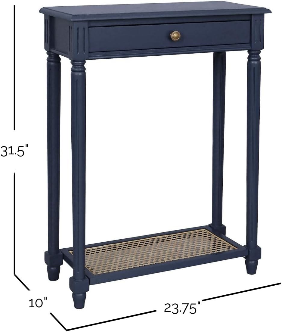 East at Main Lenora Console Table – 23.75” Narrow Entryway Table with Storage & Cane Shelf – Solid Wood Accent for Hallways, Foyers, and Small Spaces – French Country & Traditional Style (Navy)