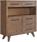 Pemberly Row 54" Transitional Wood Pantry Cabinet, Weathered Chestnut Finish, Rubberwood and Oak Veneer, 5 Drawers, 1 Door, Open Display Compartment, Kitchen or Dining Room Storage Furniture