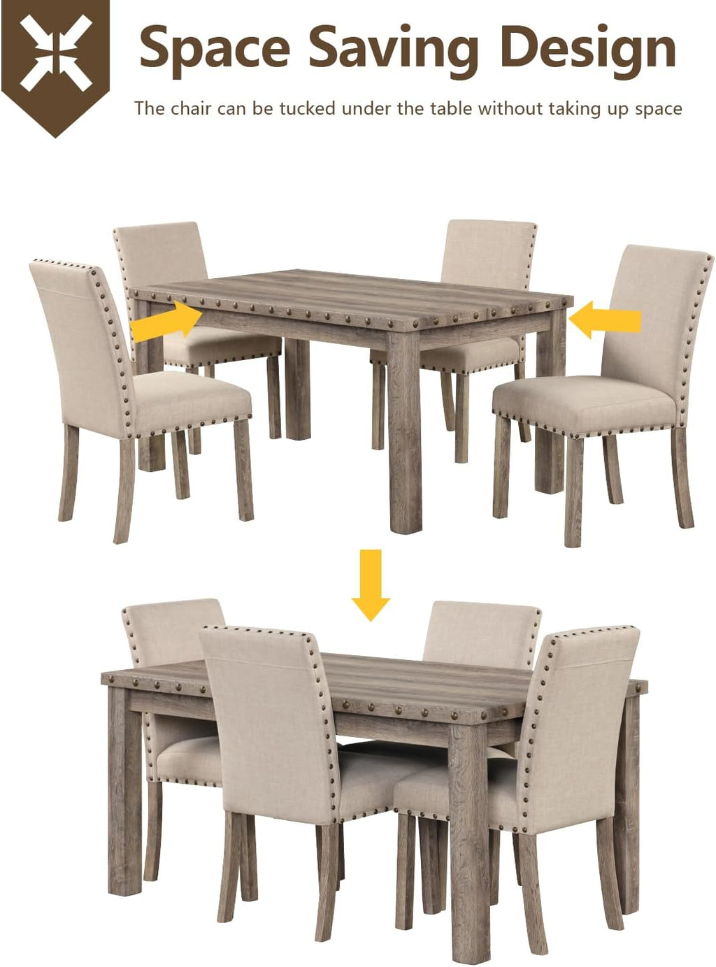 Morden Fort Farmhouse Dining Set for 4, 60" Rectangular Wooden Table & 4 Upholstered Chairs with Nailhead Accents, 5-Piece Kitchen Table Set for Dining Room, Breakfast Nook, Antique Rustic