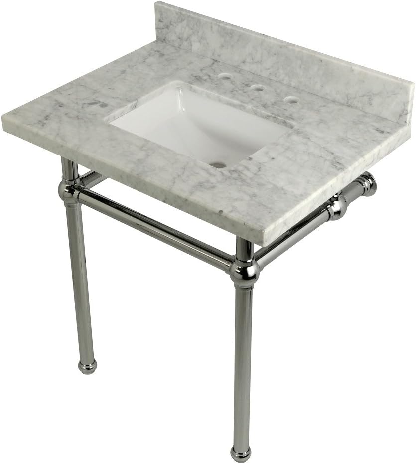 Kingston Brass KVPB3030MBSQ1 Templeton 30" x 22" Carrara Marble Vanity Top with Brass Console Legs, Carrara Marble/Polished Chrome