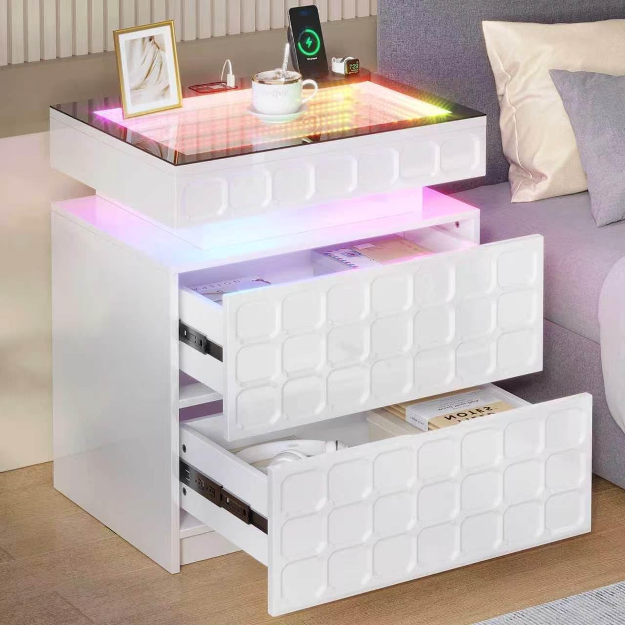 Vlsrka RGB Nightstand with Glass Top,Smart Night Stand with Charging, White | LED End Table with Lockable Compartment, Two Drawers, Human Body Sensor Light, Futuristic Side Table for Bedside Bedroom