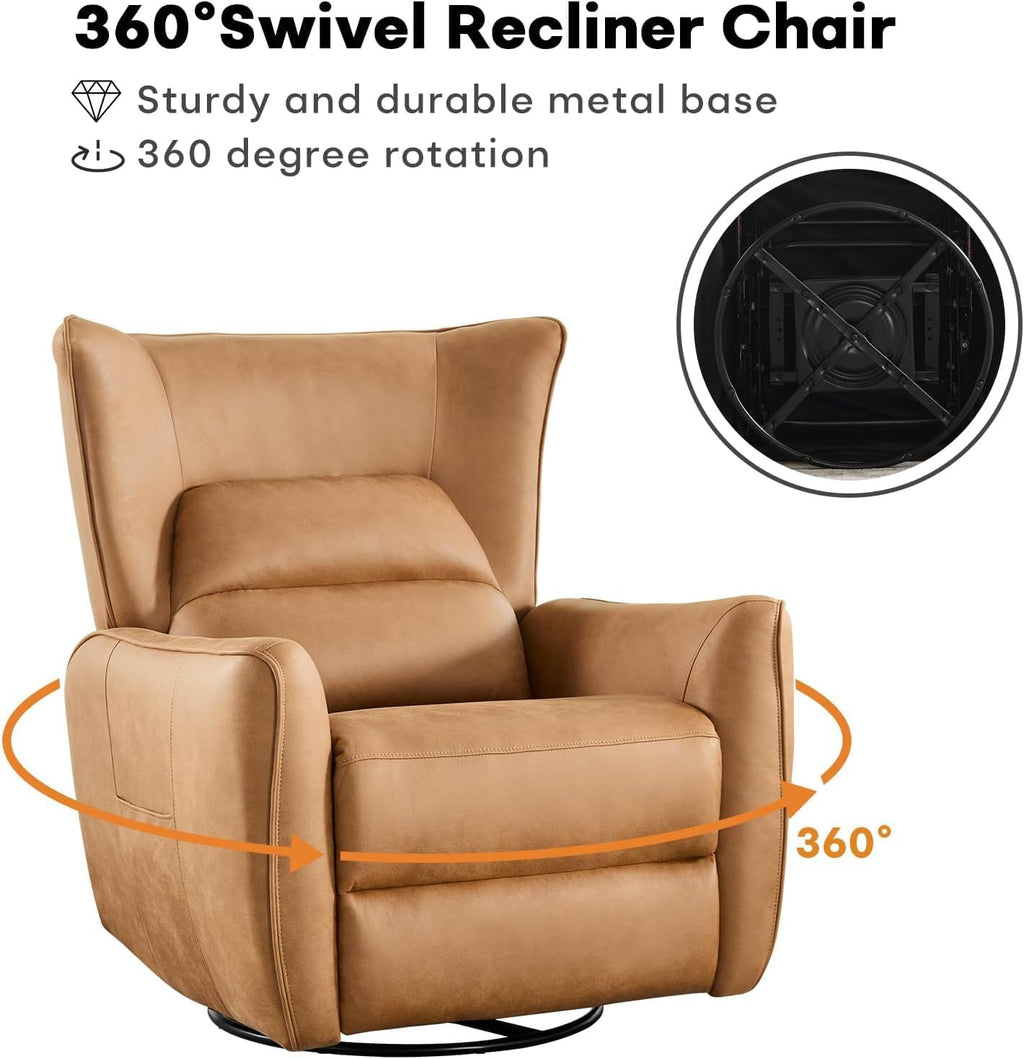 HAOMARKETS Electric Swivel Rocker Recliner Chair Set of 2, Power Faux Leather Glider Rocking Recliners for Adults, 270° Swivel Nursery Reclining Sofa with Overstuffed Backrest，Brown