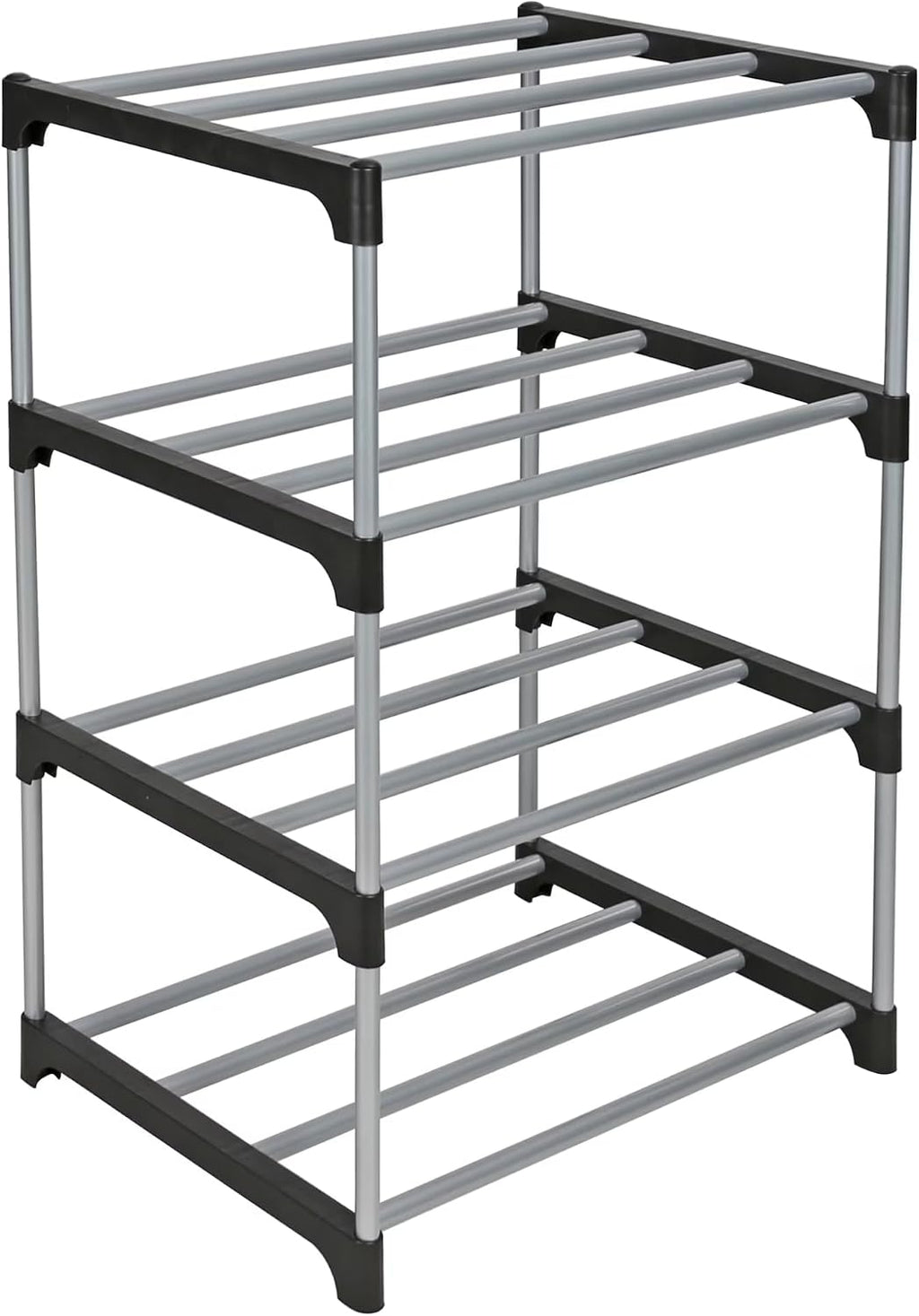 4-Tier Shoe Rack, Black and Silver, Holds 8 Pairs of Shoes, Metal Tubes & Plastic Connectors