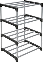 4-Tier Shoe Rack, Black and Silver, Holds 8 Pairs of Shoes, Metal Tubes & Plastic Connectors