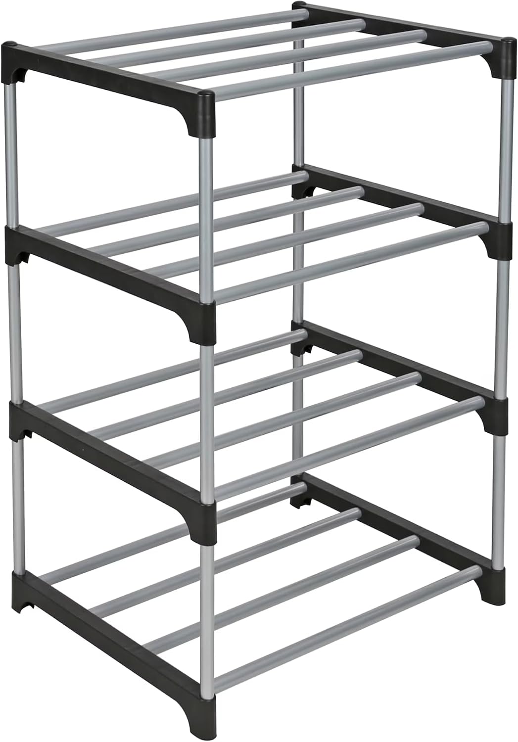 4-Tier Shoe Rack, Black and Silver, Holds 8 Pairs of Shoes, Metal Tubes & Plastic Connectors