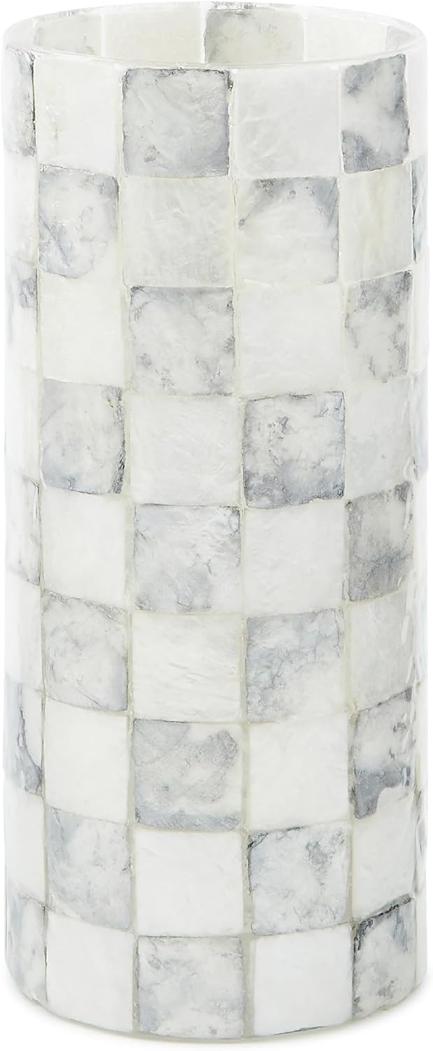 MACKENZIE-CHILDS Capiz Small Vase, Unique Flower-Vase Decor, Gray-and-White Sterling Check