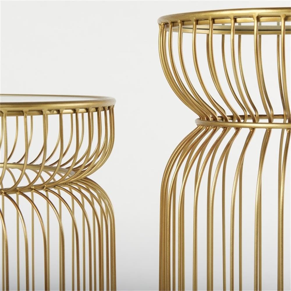 Pemberly Row Set of 2 Round Metal Accent Tables, Gold Cage-Like Base, Tempered Glass Top, Contemporary Design, 30.7x18.9x20.1 in Each, Elegant Style for Living Room or Lounge