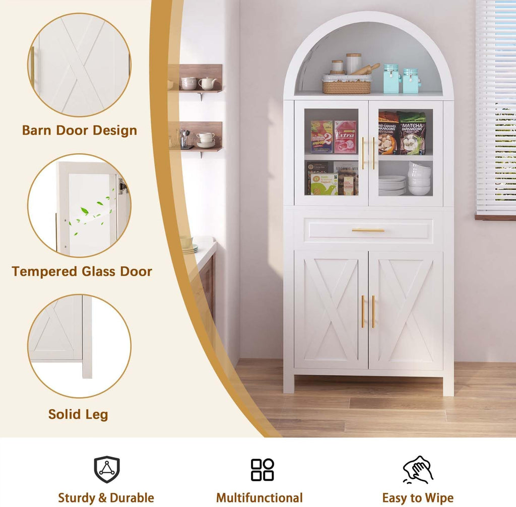 71" Arched Farmhouse Pantry Cabinet with Glass Barn Door, Versatile Cupboard with Adjustable Shelf Wood Storage Cupboard for Kitchen, Living & Dining Room (White)