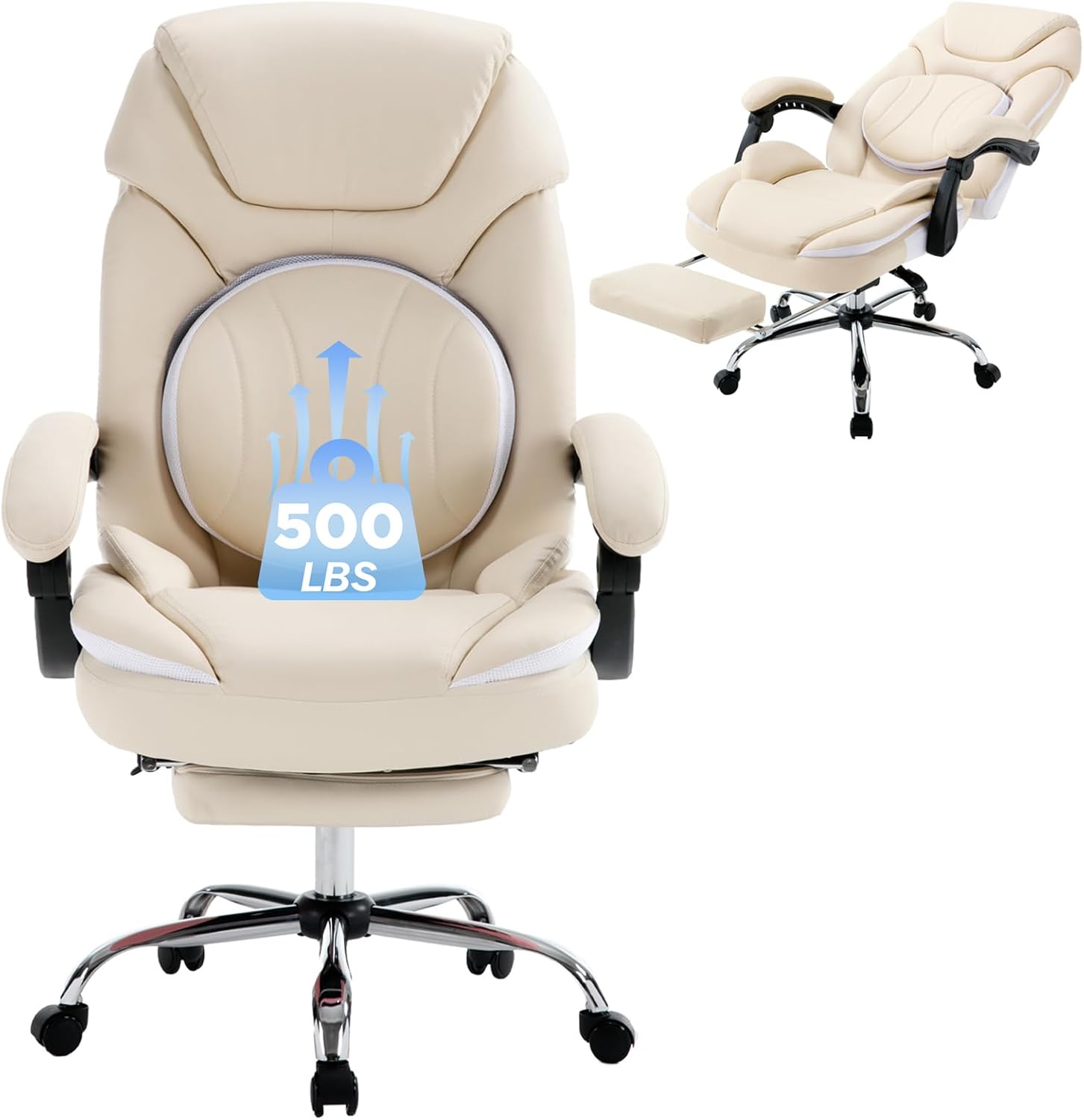 Ergonomic Fully Reclining Office Chairs with Back Support Footrest, Big and Tall Comfortable Recliner Office Desk Chair Computer Gaming Chair, Cream Beige