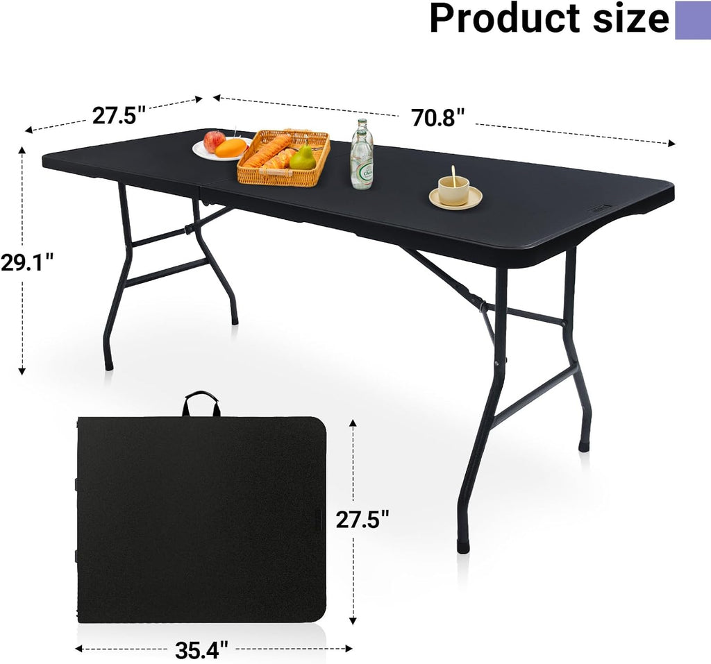 Byliable Folding Table 6ft Portable Heavy Duty Plastic Fold-in-Half 6 Foot Foldable Table Utility Dining Indoor Outdoor for Camping Picnic and Party, Black
