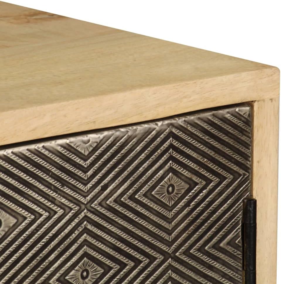 Solid Mango Wood Sideboard with Multicolored Patterns, 3 Compartments Storage Cabinet for Dining Room Living Room Entryway, Modern Furniture with Decorative Inlays and Sturdy