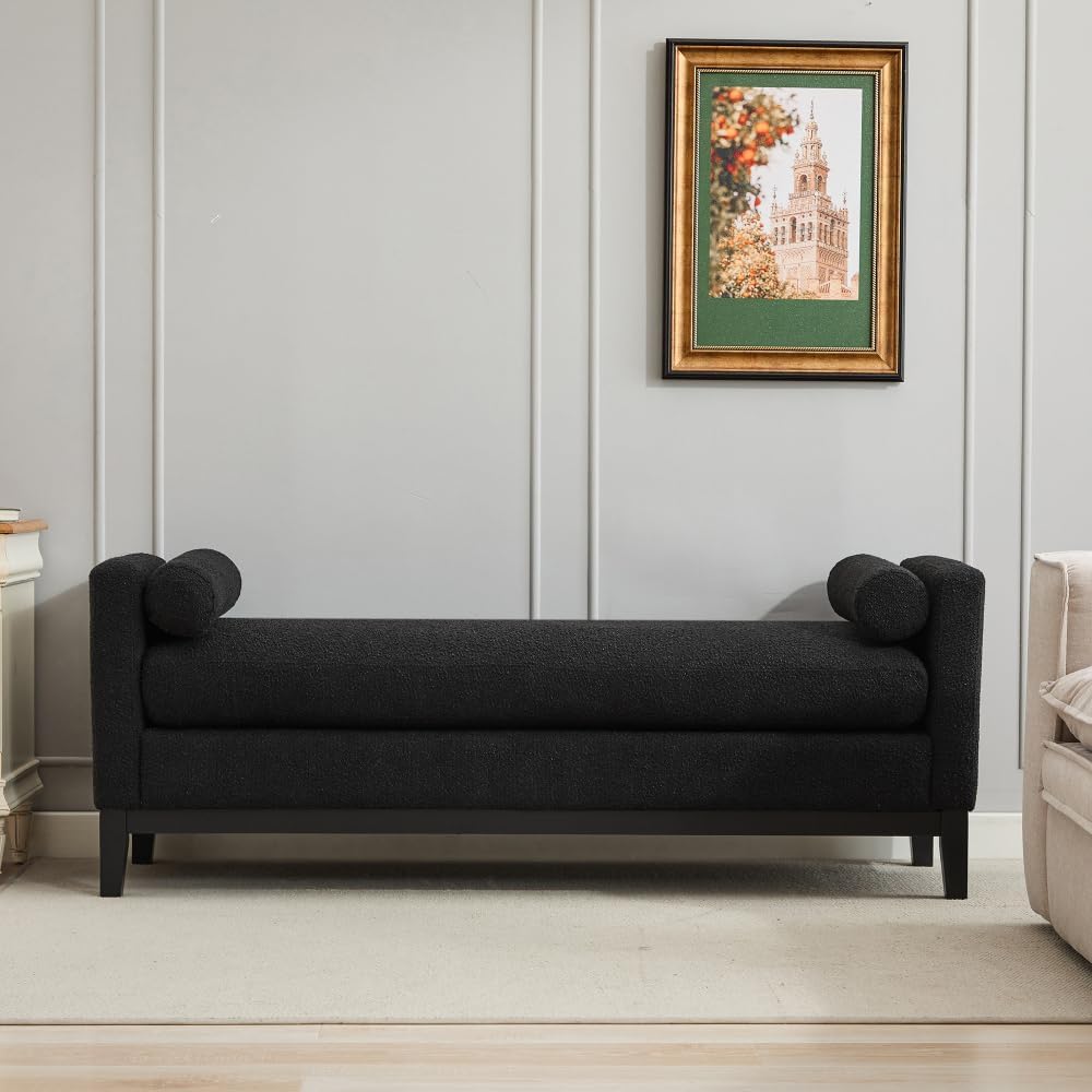 66.34" W Elegant Upholstered Bench,Daybed, Ottoman with Wood Legs & 2 Bolster Pillows for End of Bed, Bedroom, Living Room, Entryway,Black Boucle