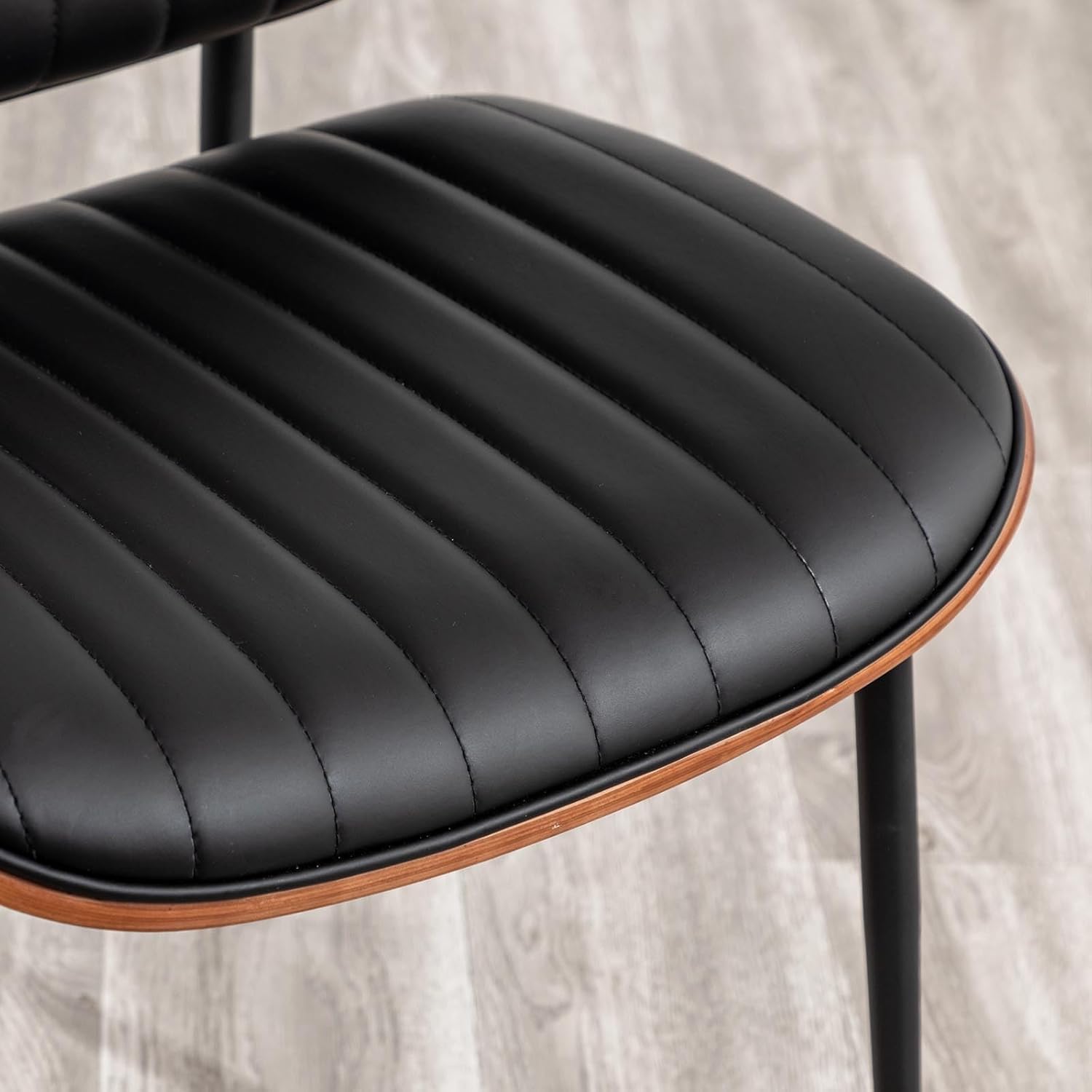 LUNLING Dining Chairs Set of 4 Mid Century Modern Retro Faux Leather Chair with Walnut Bentwood Upholstered Seat Metal Legs Chairs Adjustable Foot for Kitchen Dining Room Chairs,Black
