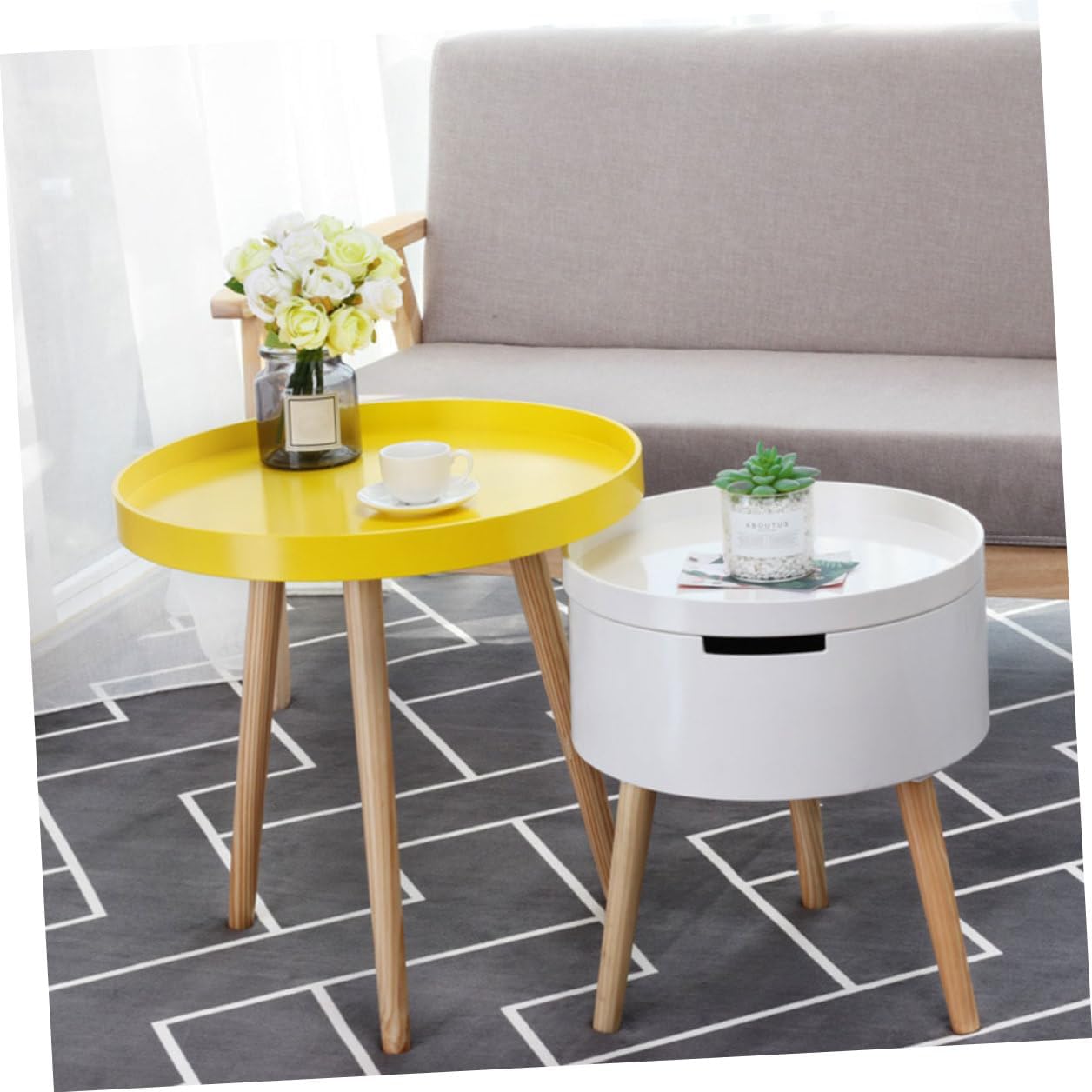 VALICLUD Nordic Style Mini Round Decorative Sofa Side Table with Yellow Wood Top, Compact Creative Small Household End Table for Living Room and Balcony Use
