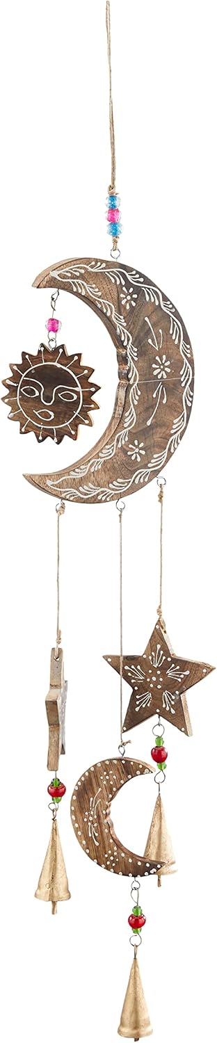 Deco 79 Mango Wood Sun and Moon Windchime with Glass Beads and Cone Bells, 7" x 1" x 27", Gold