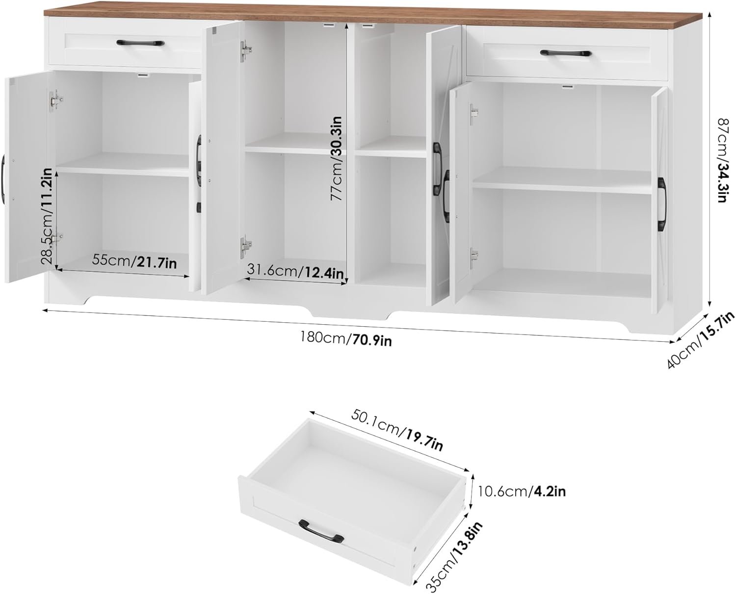 Large Sideboard Buffet Cabinet 71 Inch with Storage, Adjustable Shelves and 6 Barn Doors, Farmhouse Wood Coffee Wine Bar Console Table for Kitchen and Dining Room, White