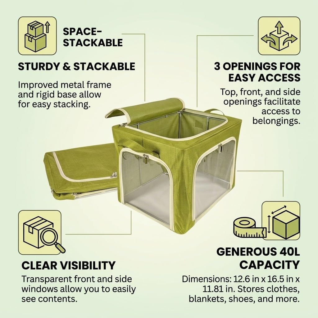 Closet Storage Bins - 3 Openings Clothes Cube Storage Bin with METAL FRAME (Green, 40L, 4 Units) - bed sheet organizer - blankets - bedsheet organizers - closet -sweater - hoodie - shoe