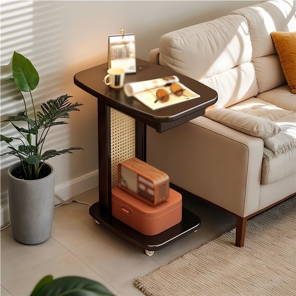 Narrow C-Shaped Side Table, Movable End Tables with Wheels, Wooden C Table with Storage for Living Room, Bedroom and Office(Brown,19.29in)