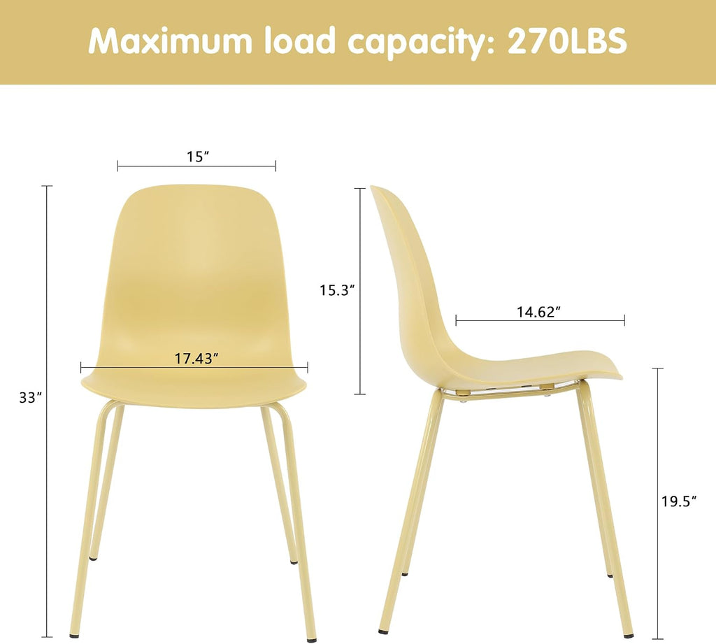 Mid Century Kitchen Chairs Set of 4,Yellow Plastic Dining Chairs Outdoor Chairs with Metal Legs for Living & Dining Room(4pcs,Yellow)