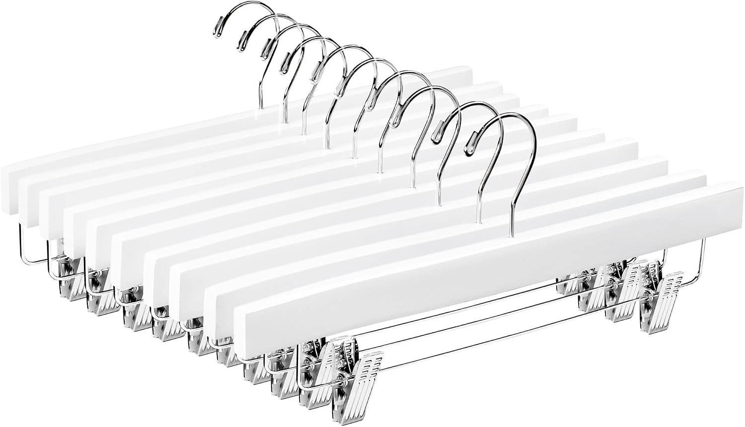 ZOBER Wooden Pants Hangers with Clips - 10 Pack Premium Wood Skirt Hangers for Women, Heavy Duty Wooden Hanger with Adjustable Metal Grip Clips for Jeans and Shorts, Smooth Finish White
