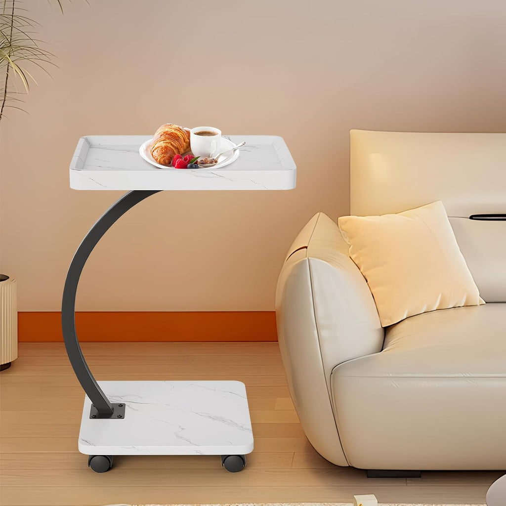 C Shaped TV Tray Table, C Shaped End Table for Couch, 2-Tier Rolling Small Side Table, Versatile Bedside & Laptop Desk, Side Table, White