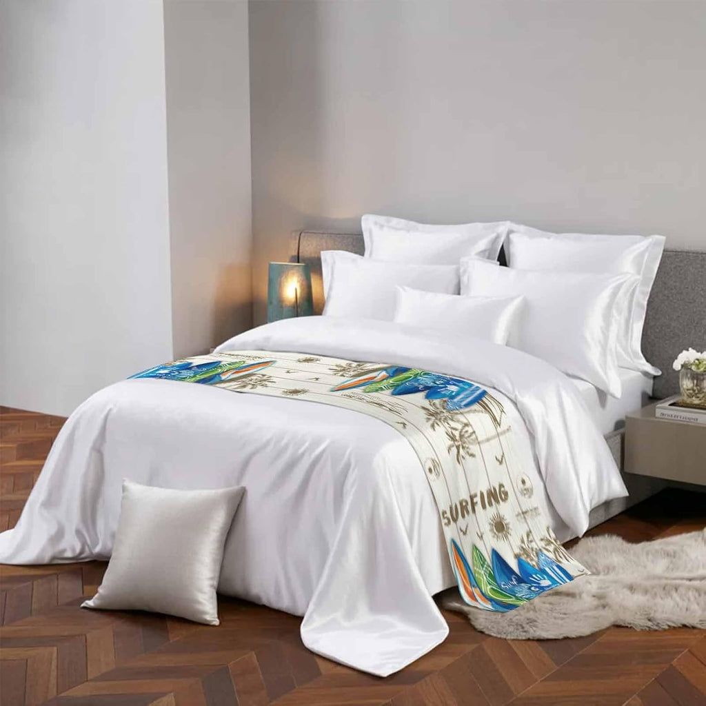 Summer Surfing Bed Runner for King Size Bed, 102"x20" Surfboard Beach Palm Trees Wood Grain Retro Luxury Bed Runners & Scarves Decorative Bedding Scarf Protector Slipcover for Home Hotel