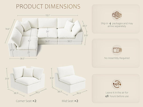 113” Cloud Couch 丨 Modular Sectional Couches for Living Room 丨 L Shaped Boneless Couch with Nice Back Support 4 Seater Warm White Chenille