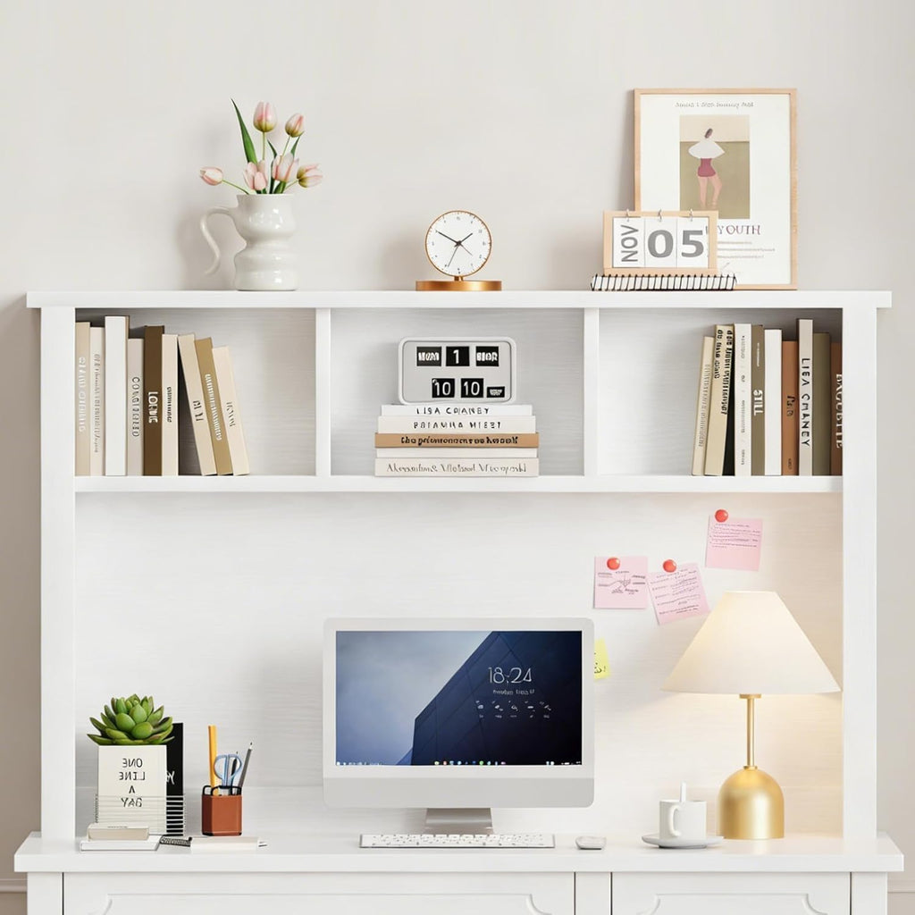 MaverickFurni White Desk with Hutch, 47" White and Gold Desk with 4 Drawers, Modern Girl Desk for Bedroom, Golden Handles